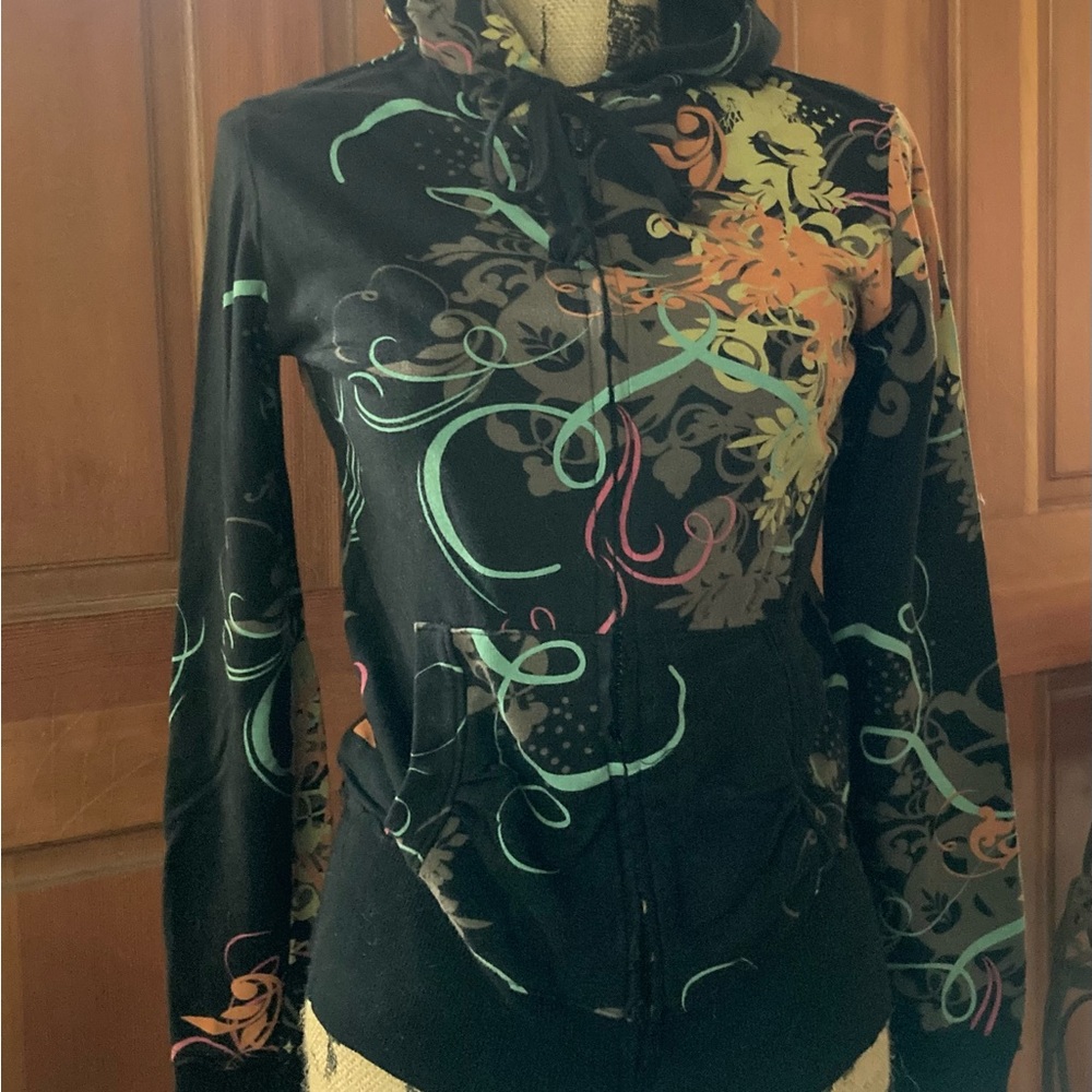 Black w/colorful abstract design. Zippered hoodie